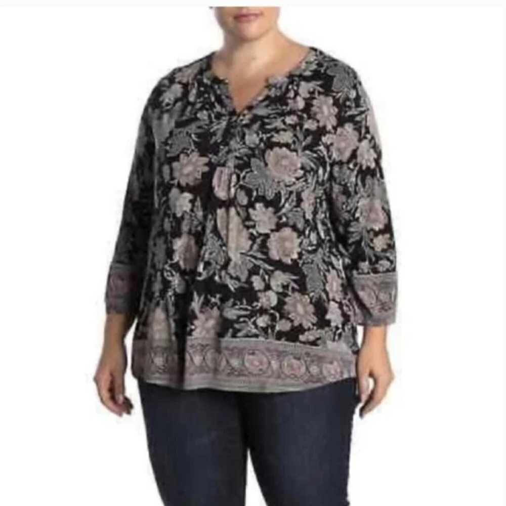 Lucky Brand 3/4 Sleeve Henley Babydoll Black Floral Paisley Tunic-Size 2X